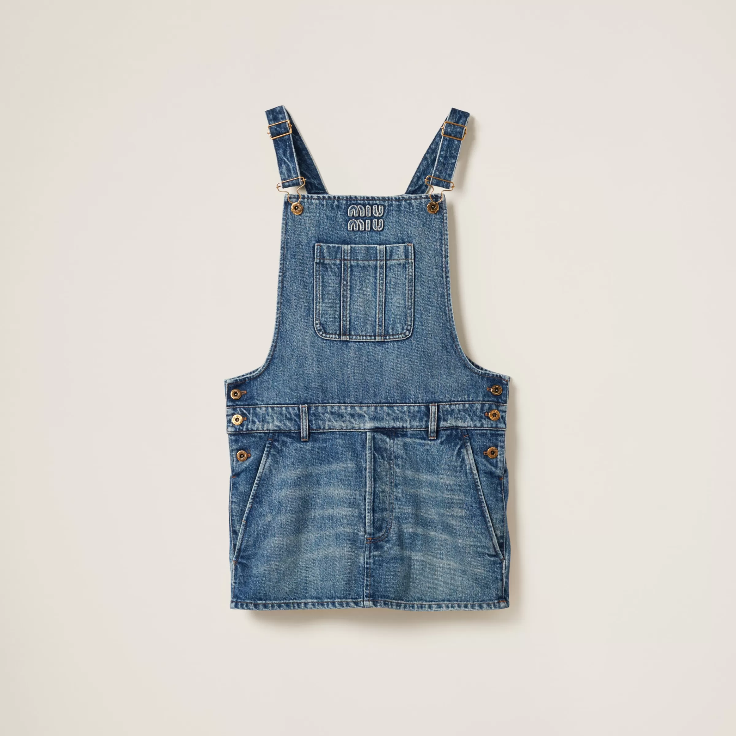 Denim bib mini-dress>Miu Miu Store