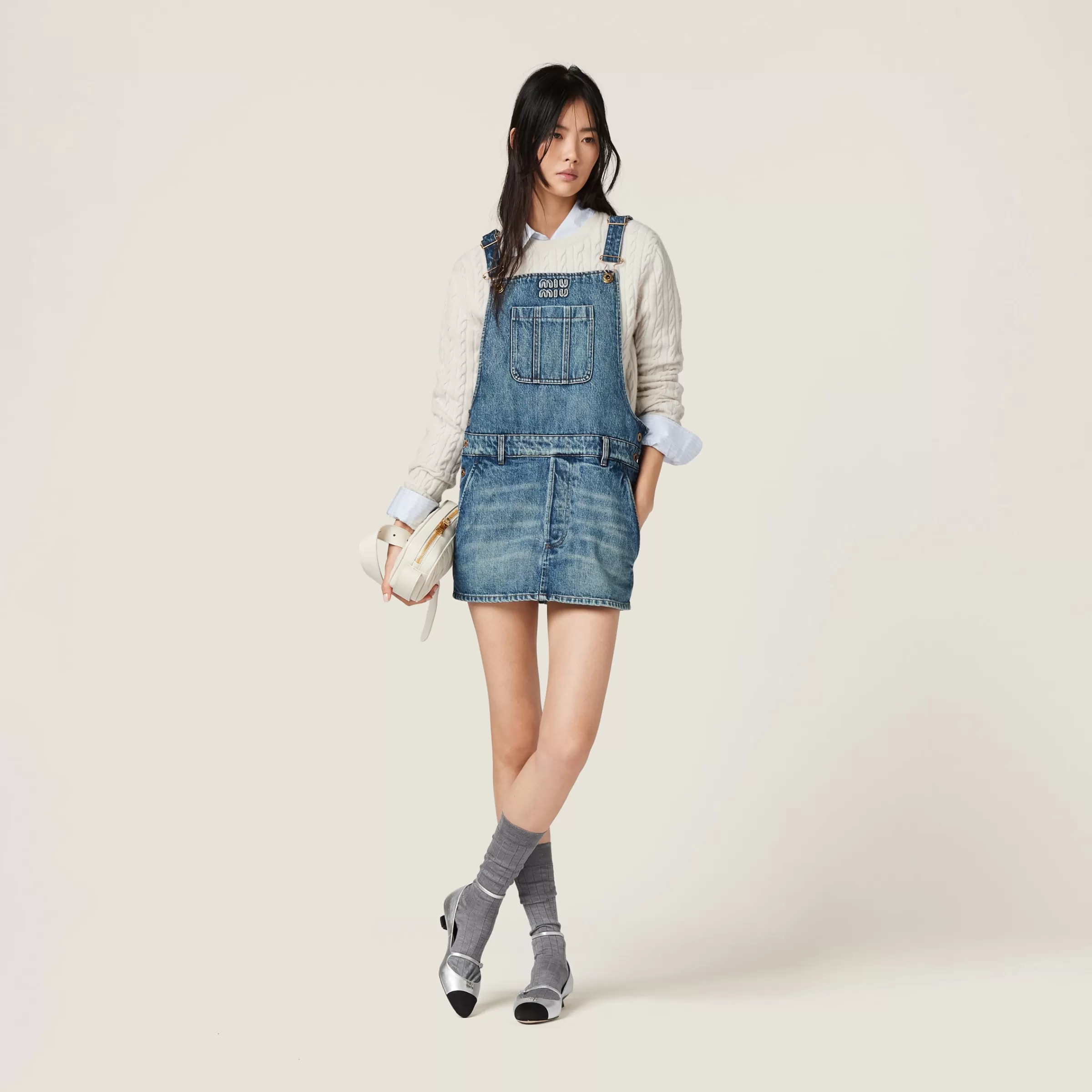 Denim bib mini-dress>Miu Miu Store