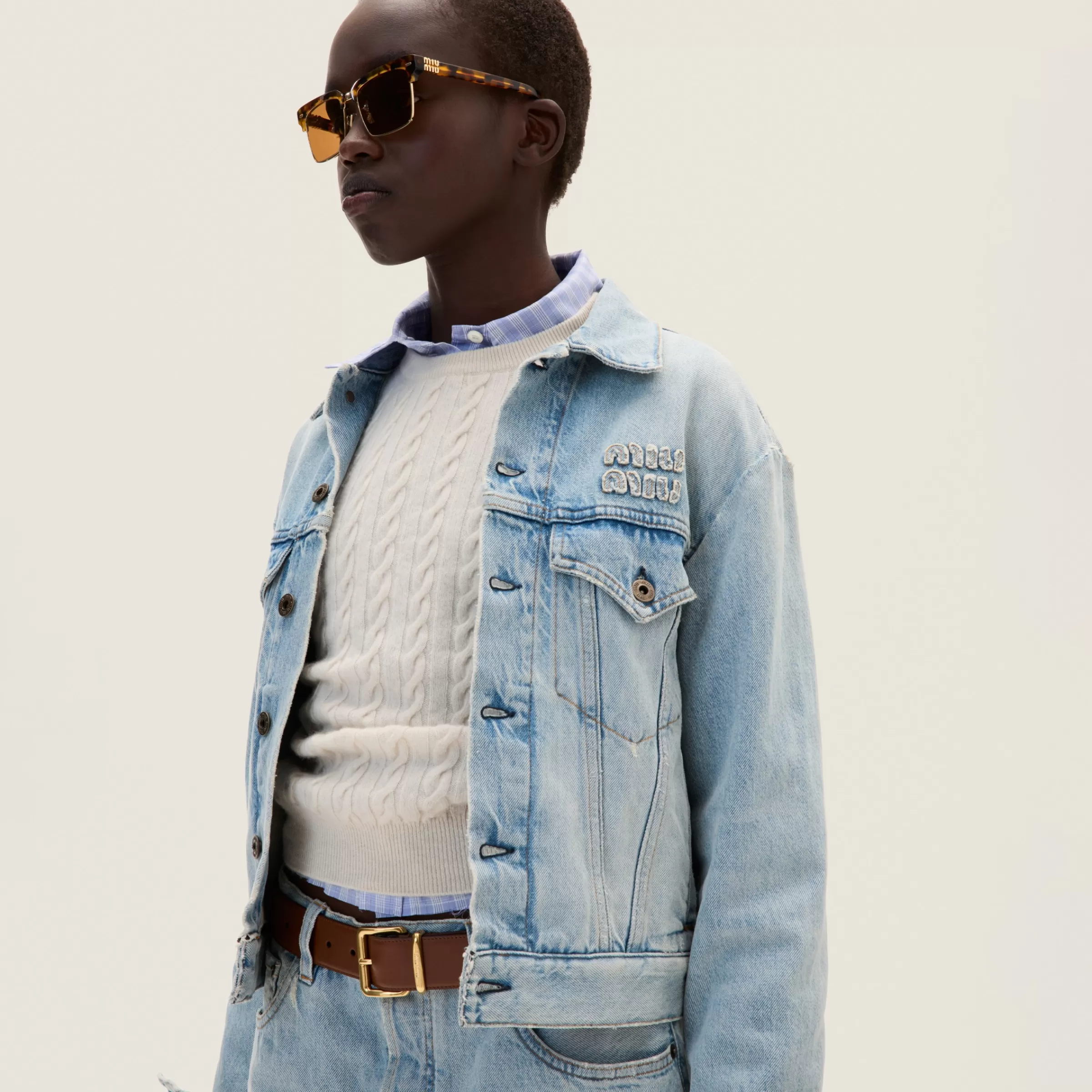Denim jacket with embroidered logo>Miu Miu Sale