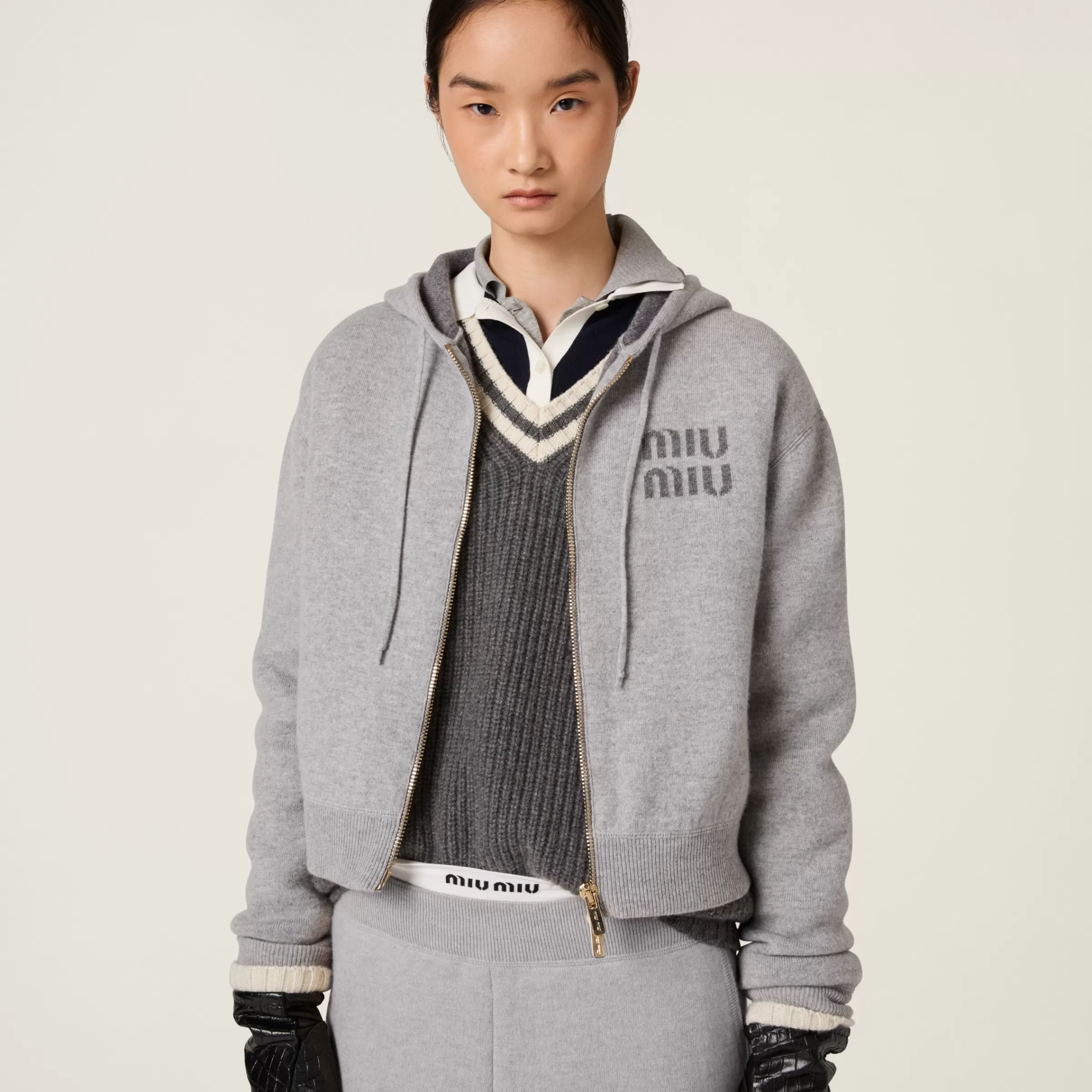 Double cashmere zipper hoodie cardigan>Miu Miu Hot