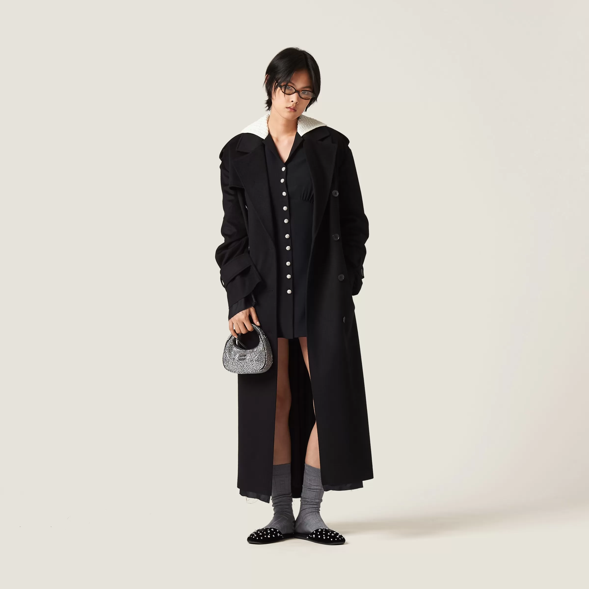 Double-breasted velour coat>Miu Miu Shop