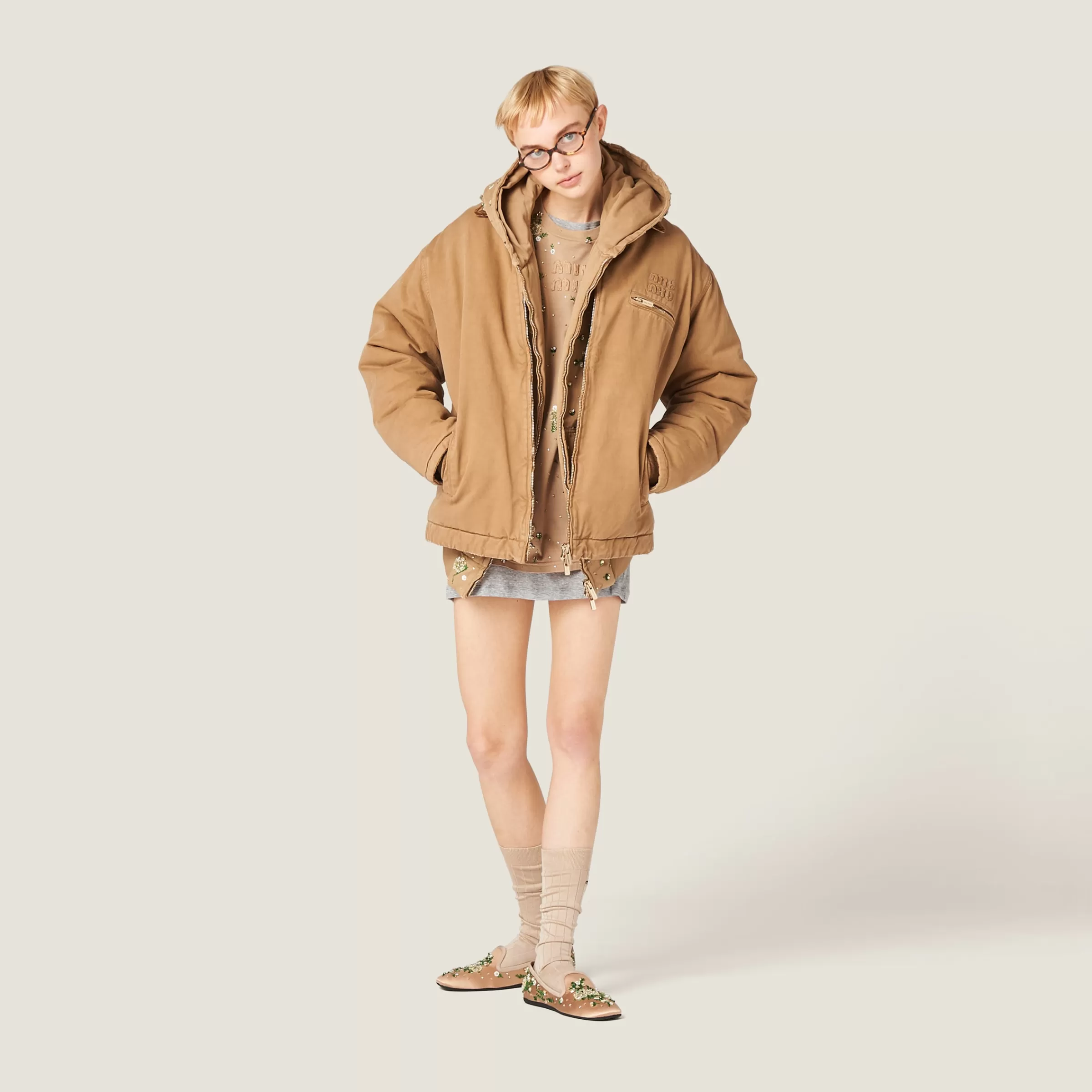 Embroidered garment-dyed gabardine blouson jacket>Miu Miu Fashion