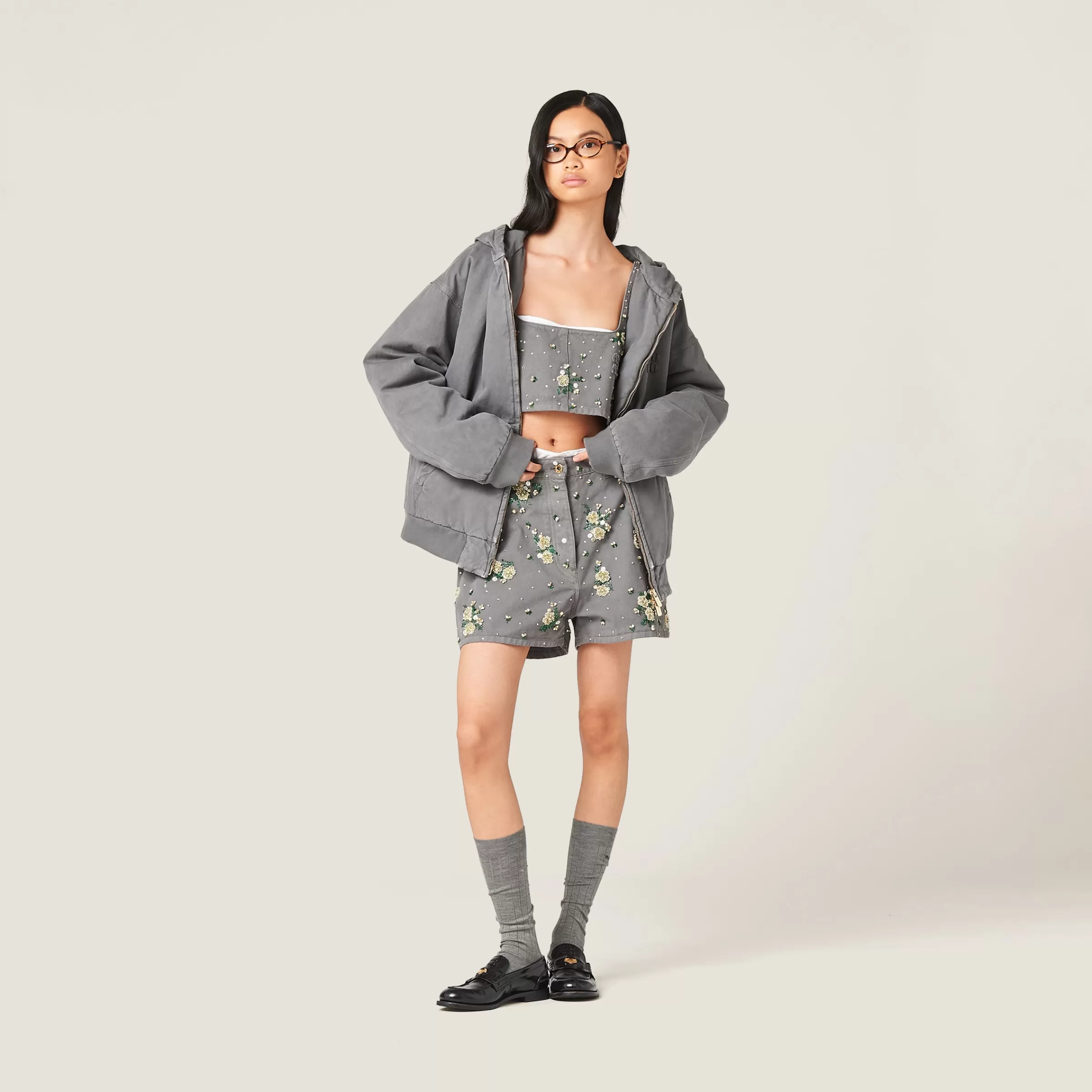 Embroidered garment-dyed gabardine top>Miu Miu Store