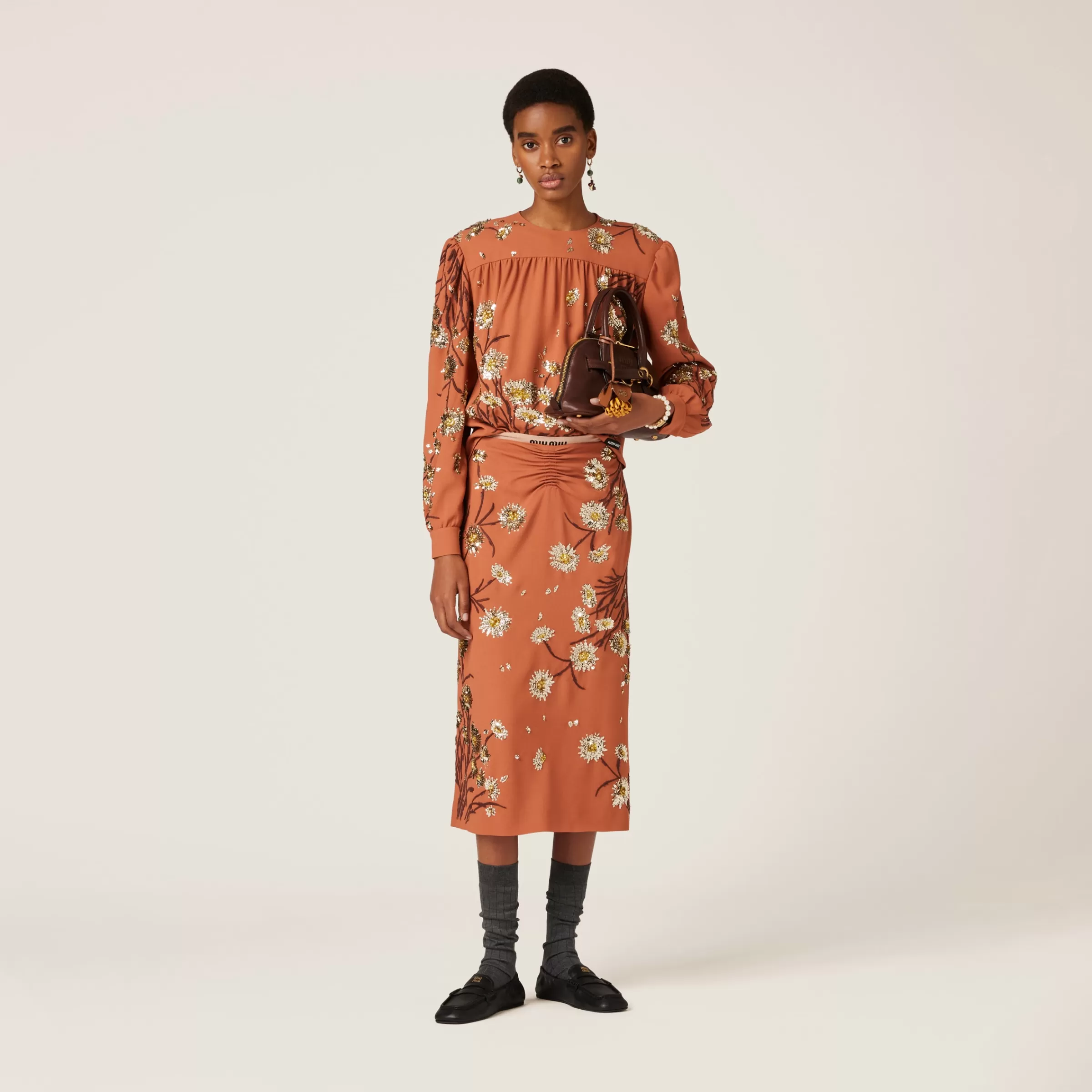 Embroidered sablé midi-skirt>Miu Miu New