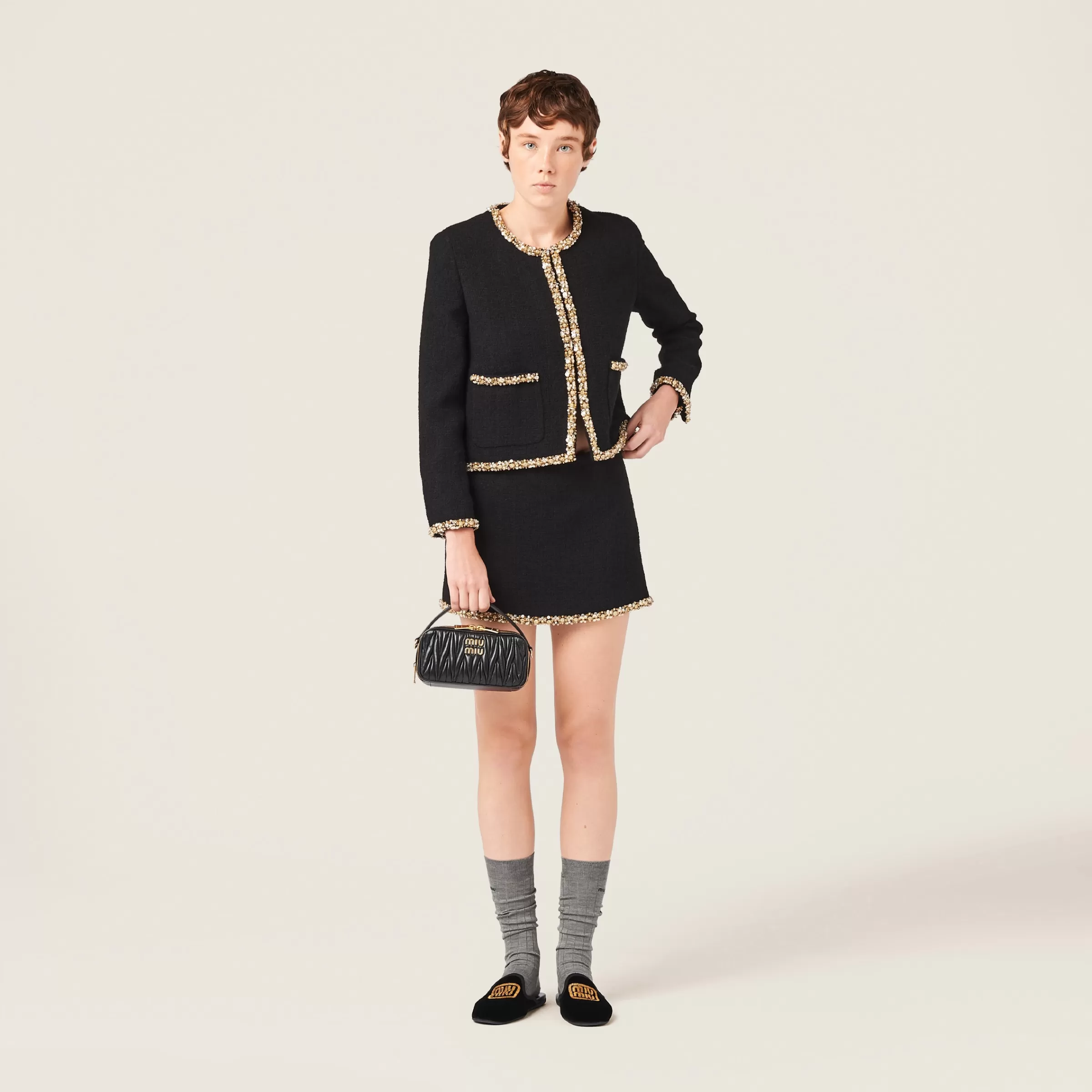 Embroidered tweed miniskirt>Miu Miu Fashion