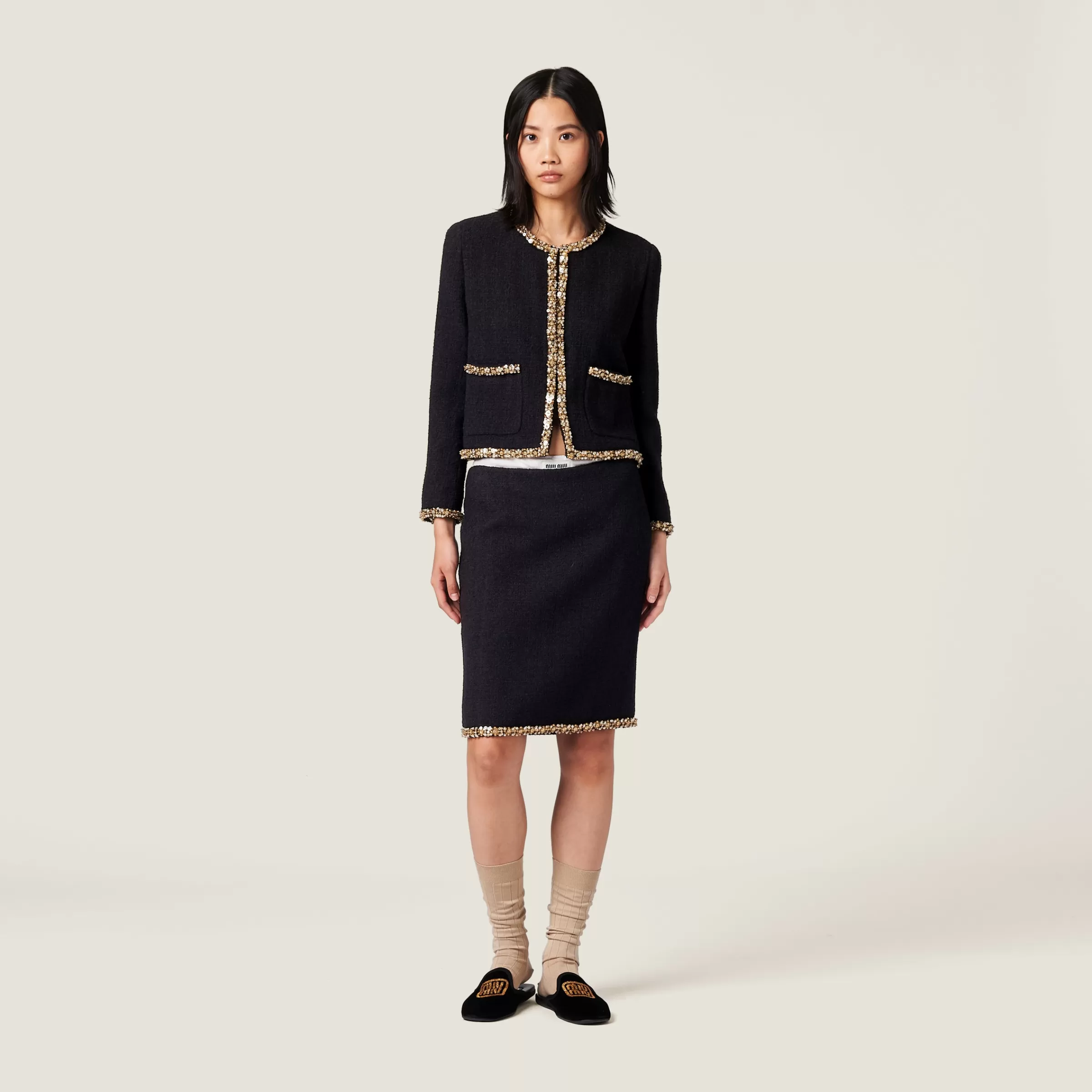 Embroidered tweed skirt>Miu Miu Outlet