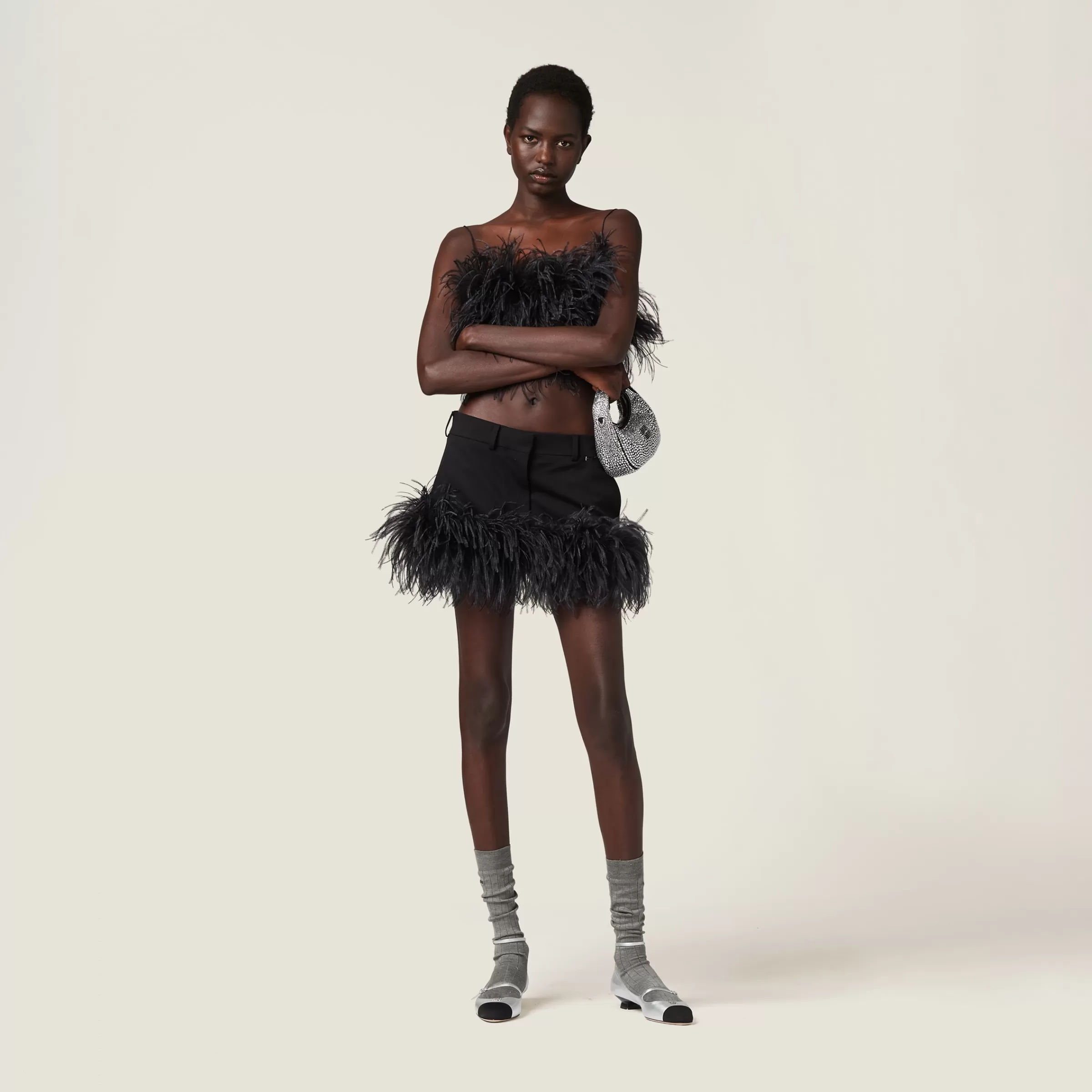 Feather-trimmed grain de poudre miniskirt>Miu Miu Hot