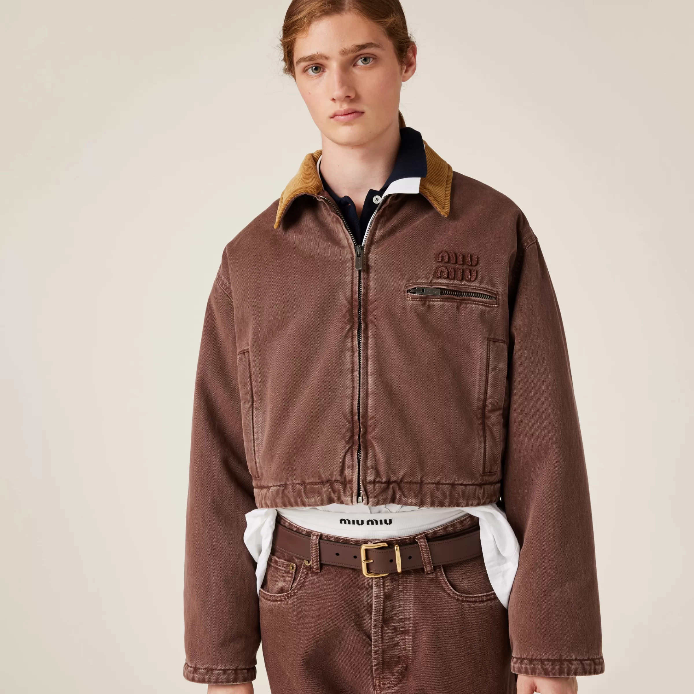 Gabardine blouson jacket with velvet collar>Miu Miu Cheap