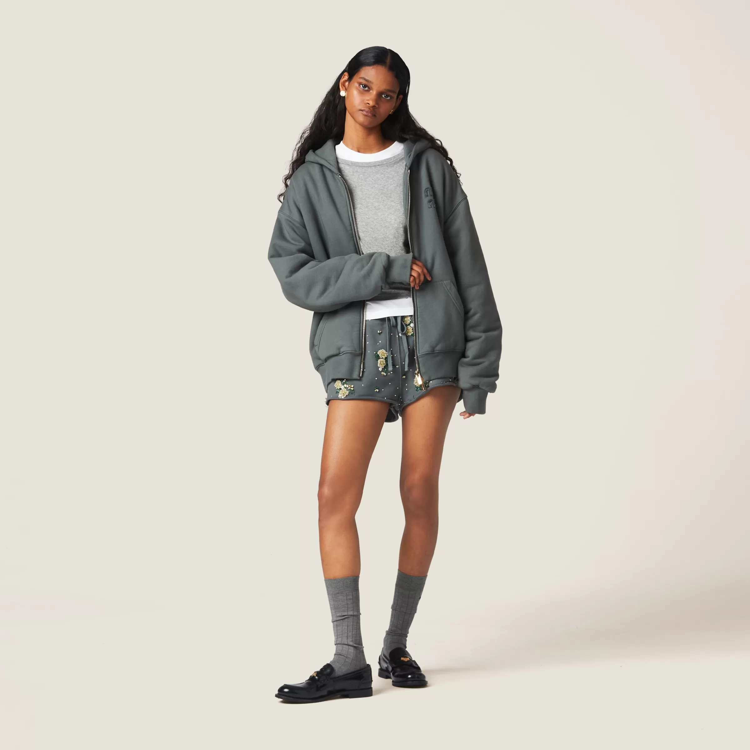 Garment dyed cotton fleece hoodie>Miu Miu New