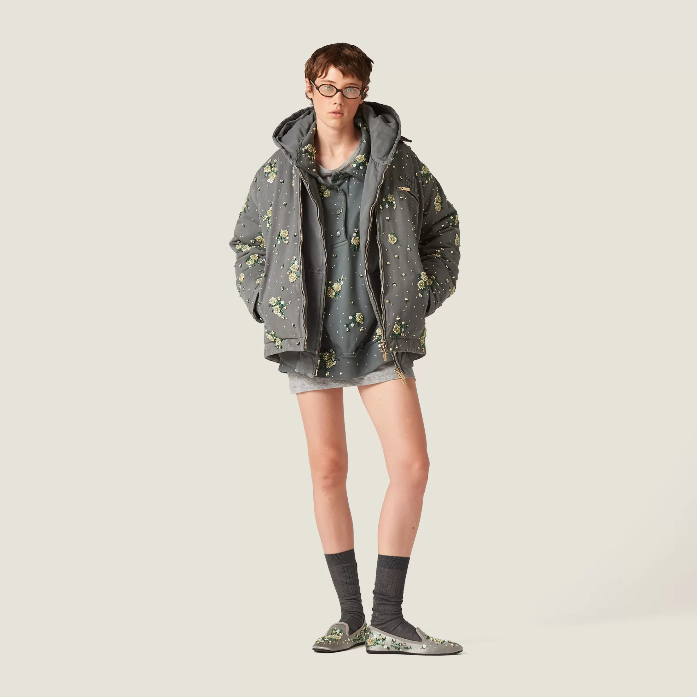 Garment-dyed blouson jacket with embroidered logo>Miu Miu Store