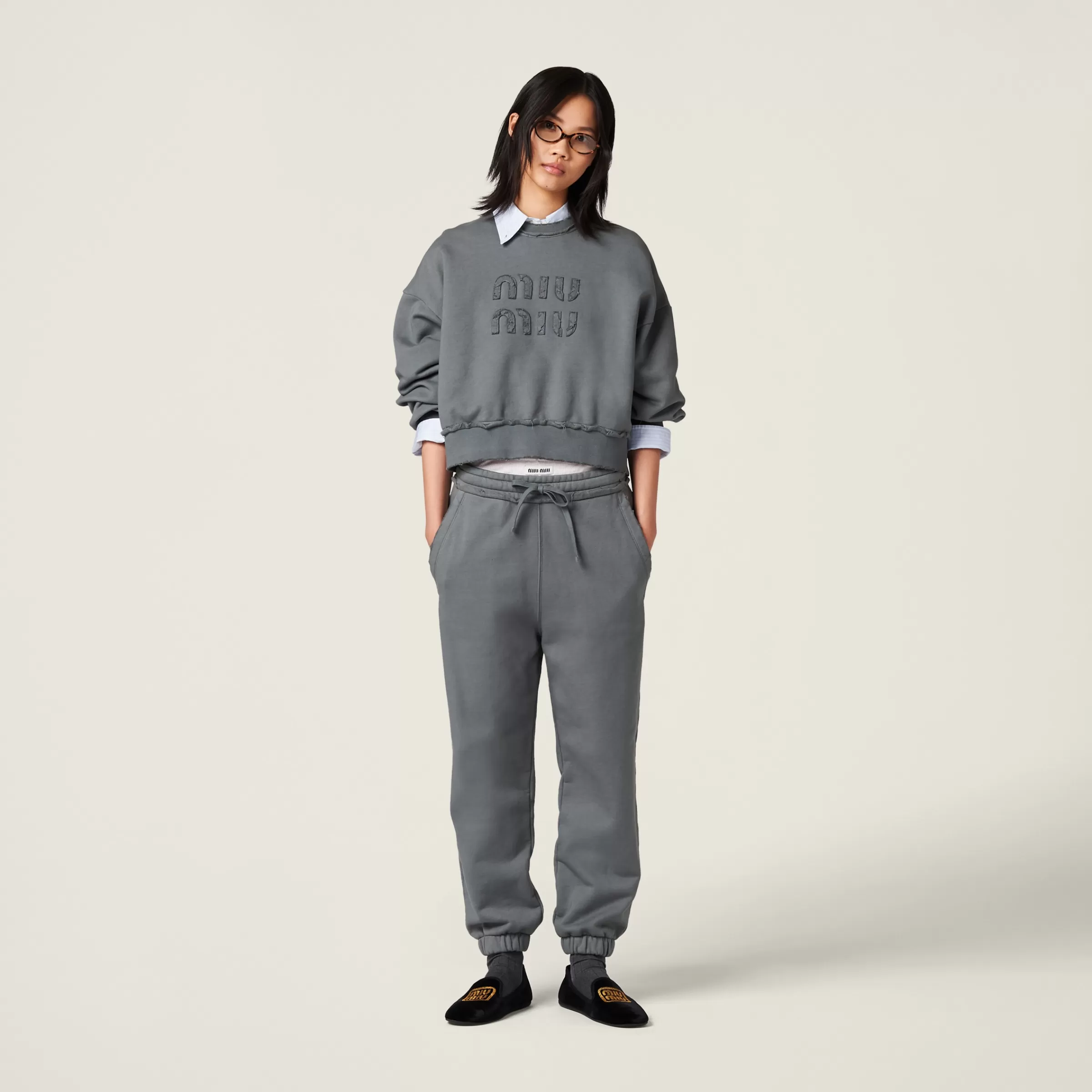 Garment-dyed cotton fleece pants>Miu Miu Flash Sale