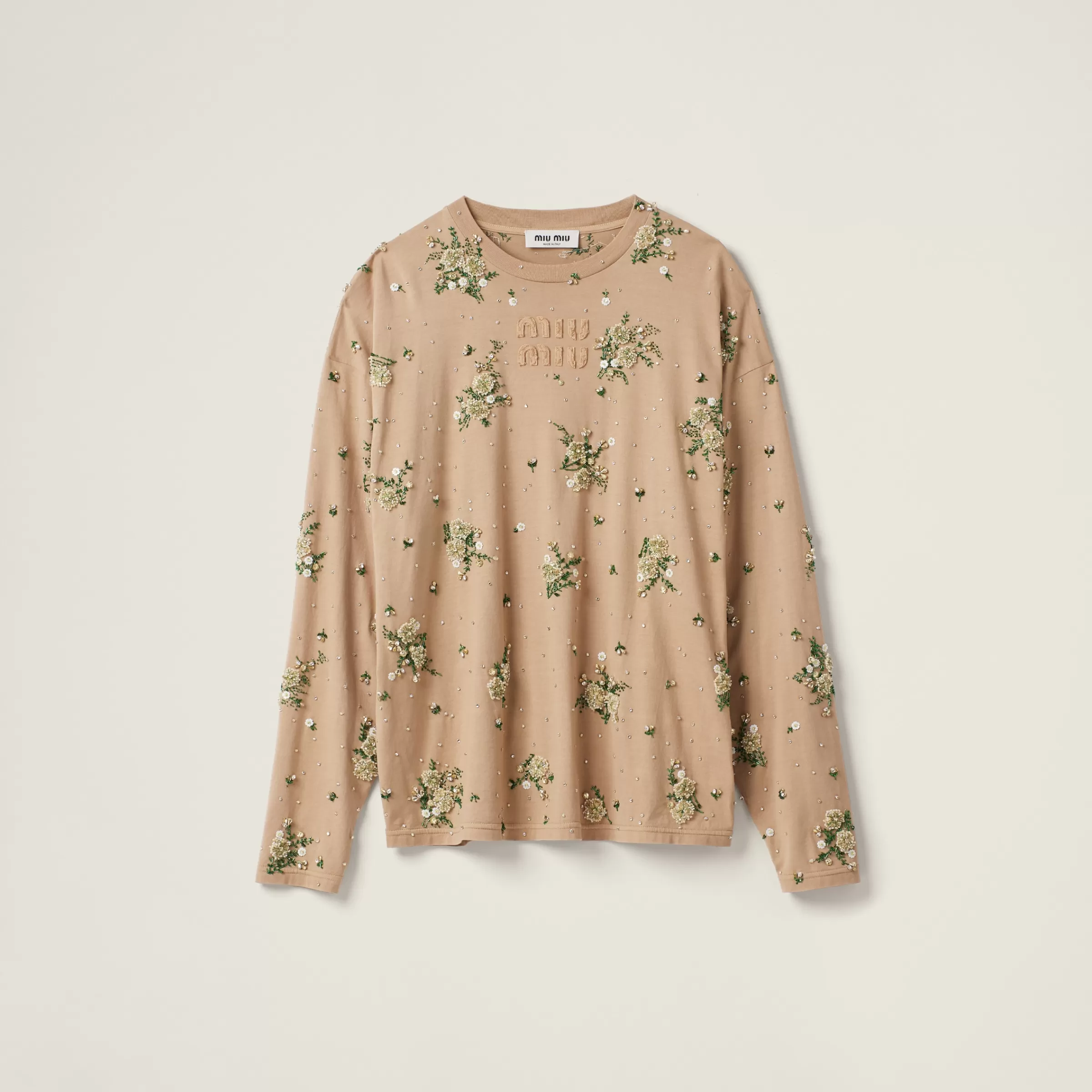 Garment-dyed long-sleeve jersey T-shirt with embroidery>Miu Miu Cheap