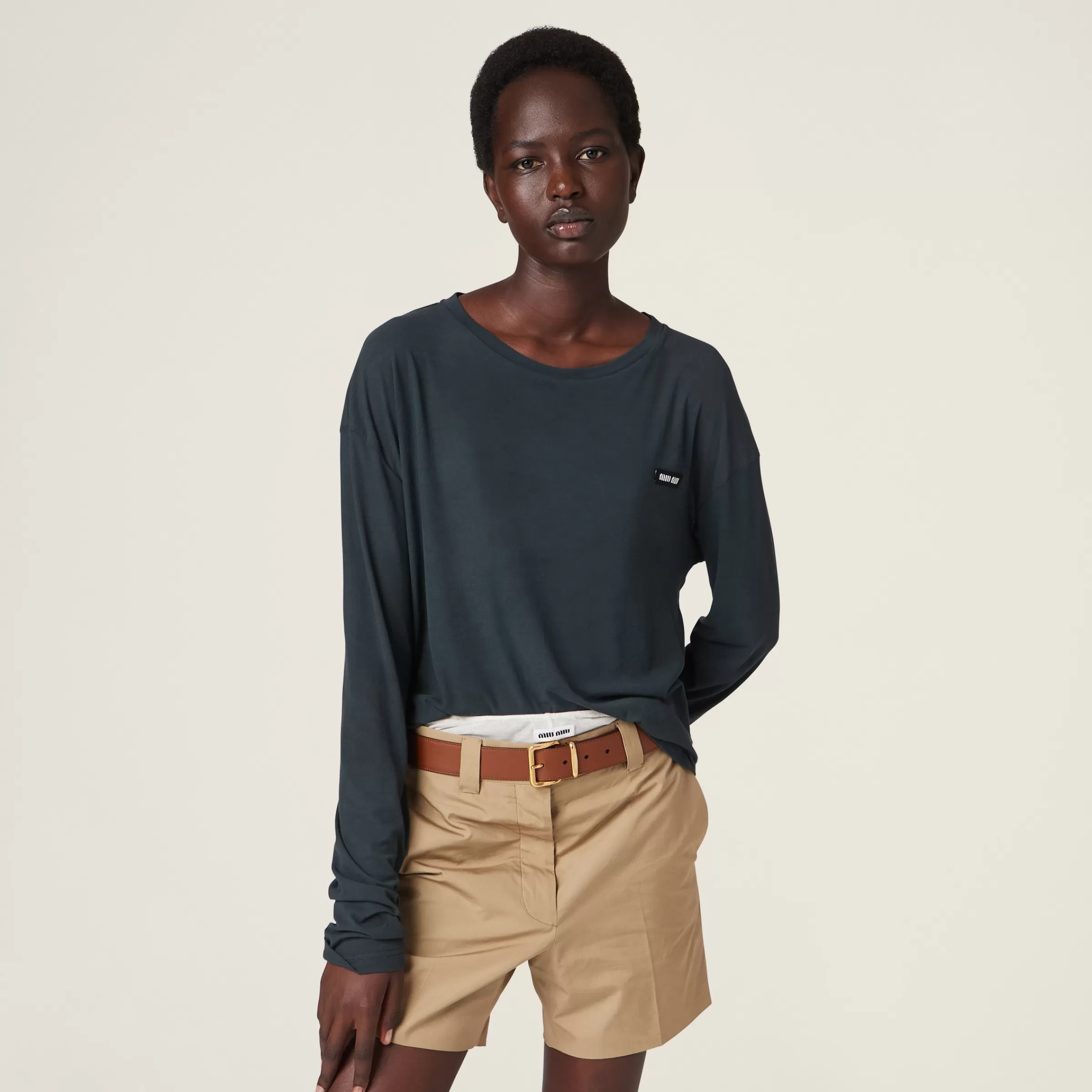 Long-sleeved garment-dyed ribbed knit jersey T-shirt>Miu Miu Sale