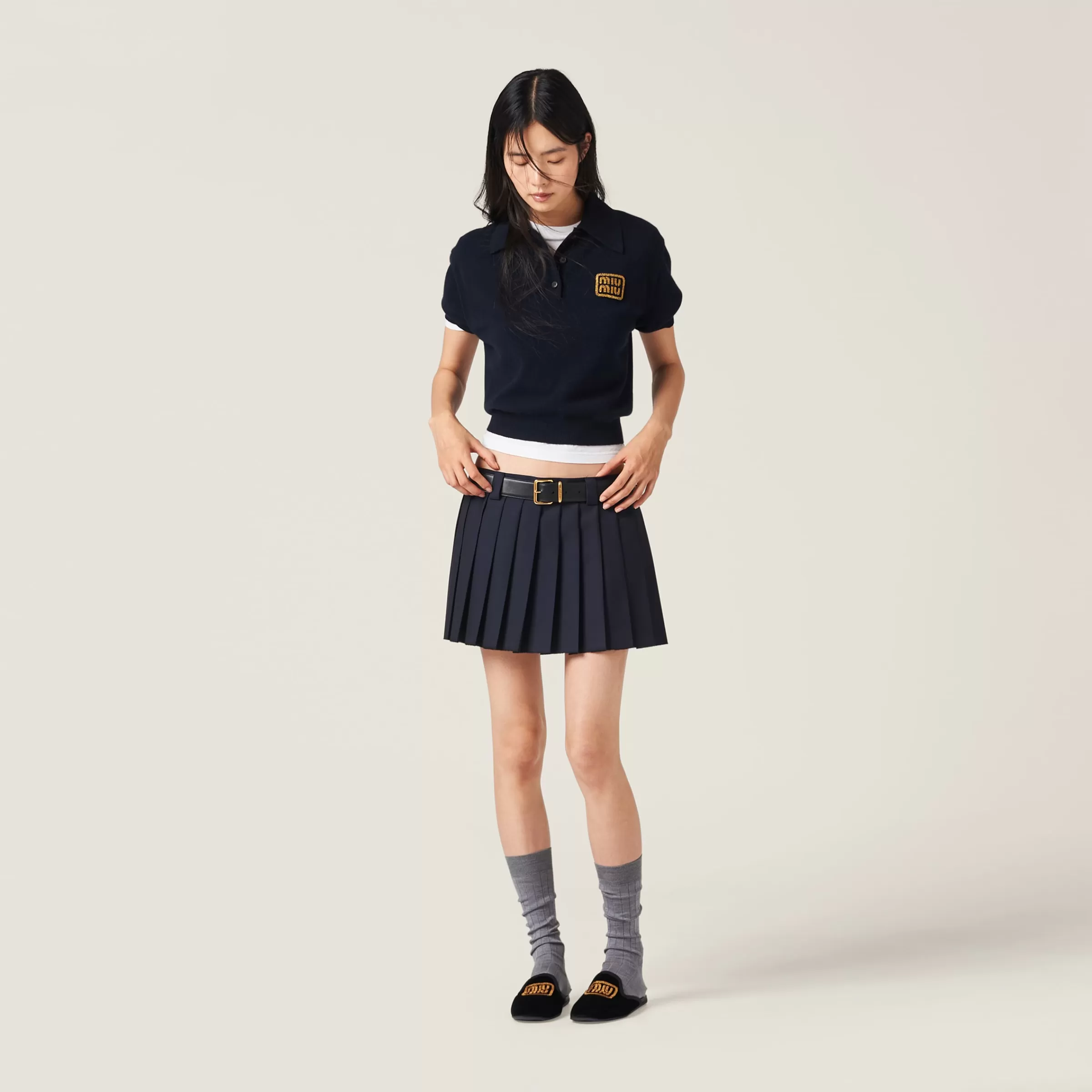 Pleated batavia miniskirt>Miu Miu Store
