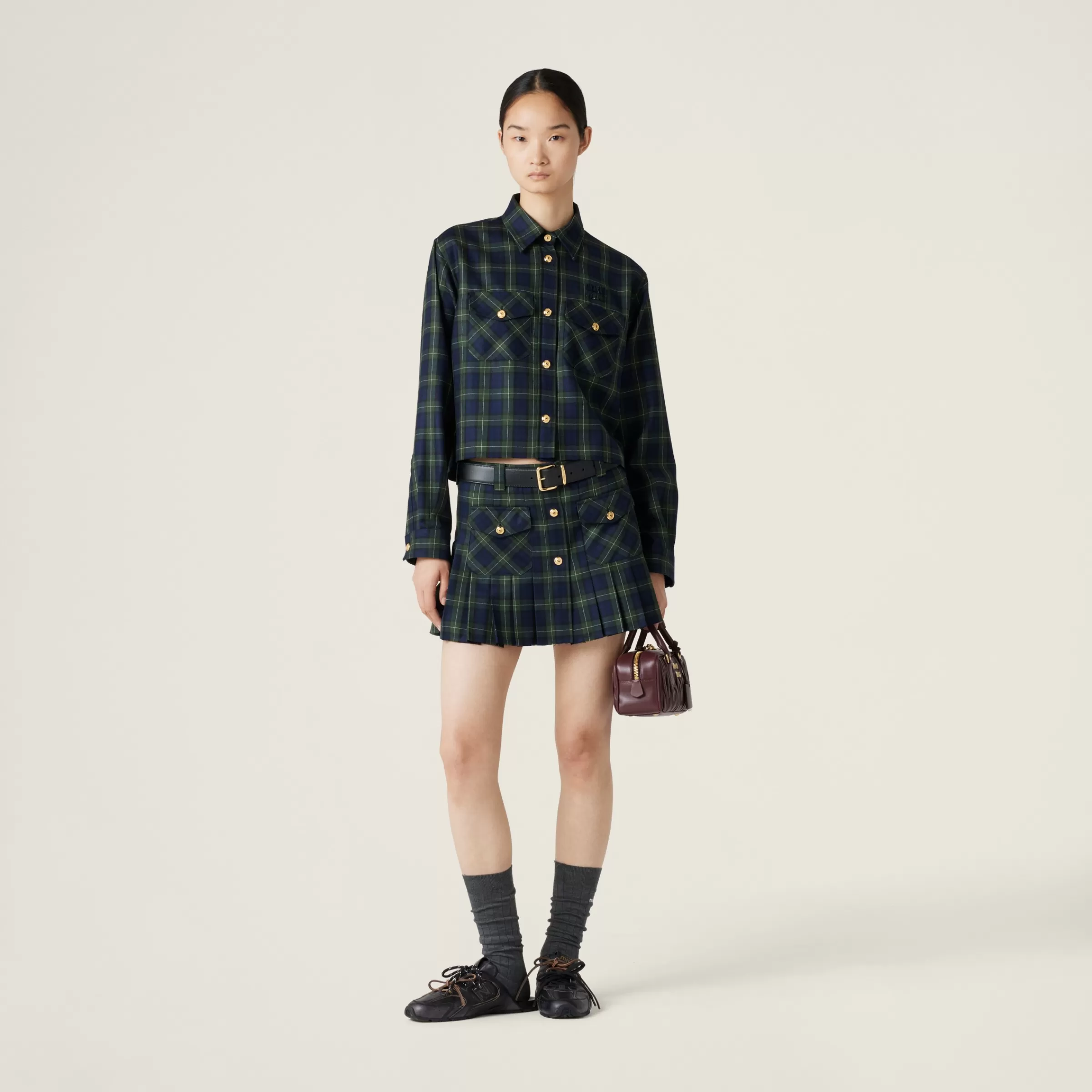 Pleated tartan miniskirt>Miu Miu Store