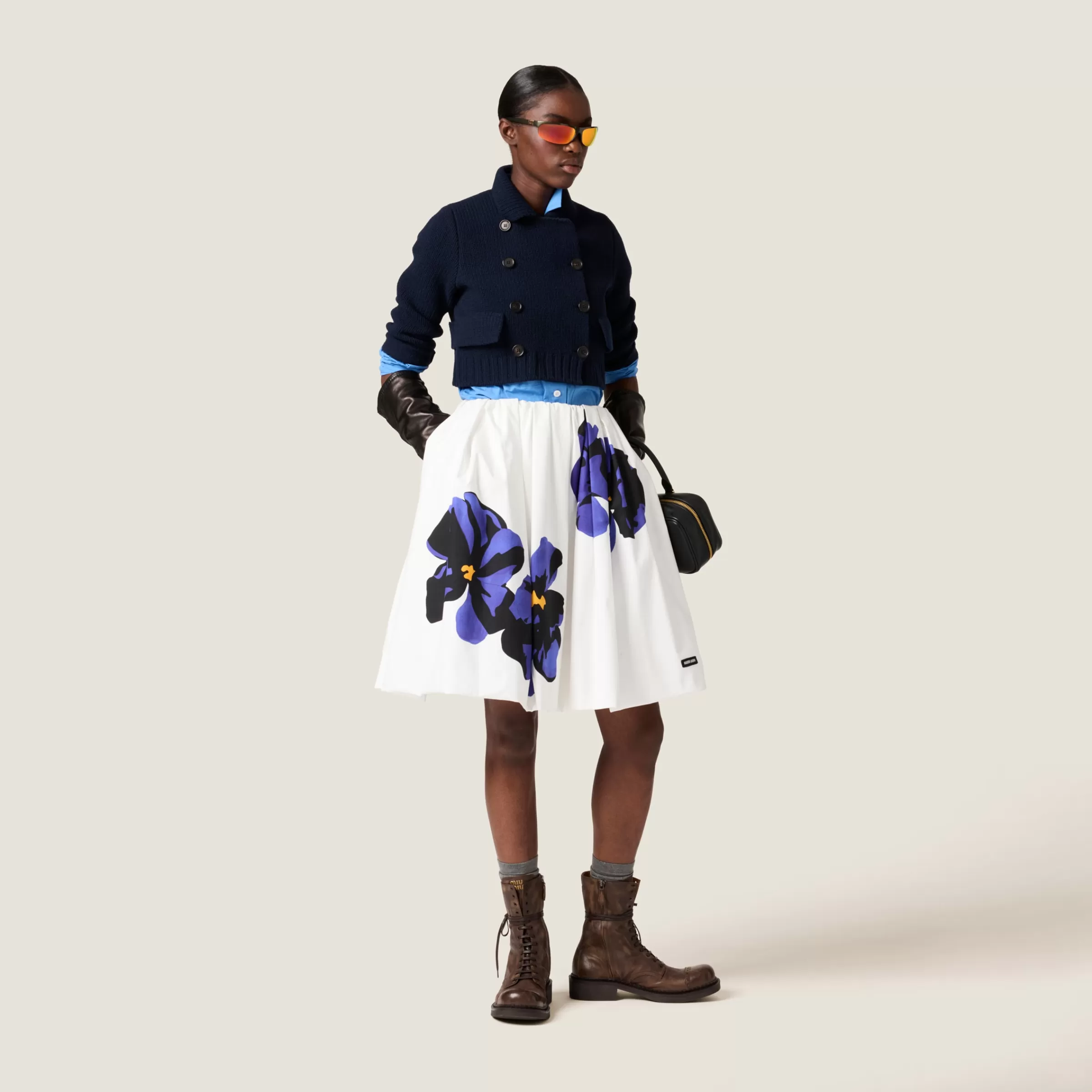 Poplin and jersey printed skirt>Miu Miu Sale
