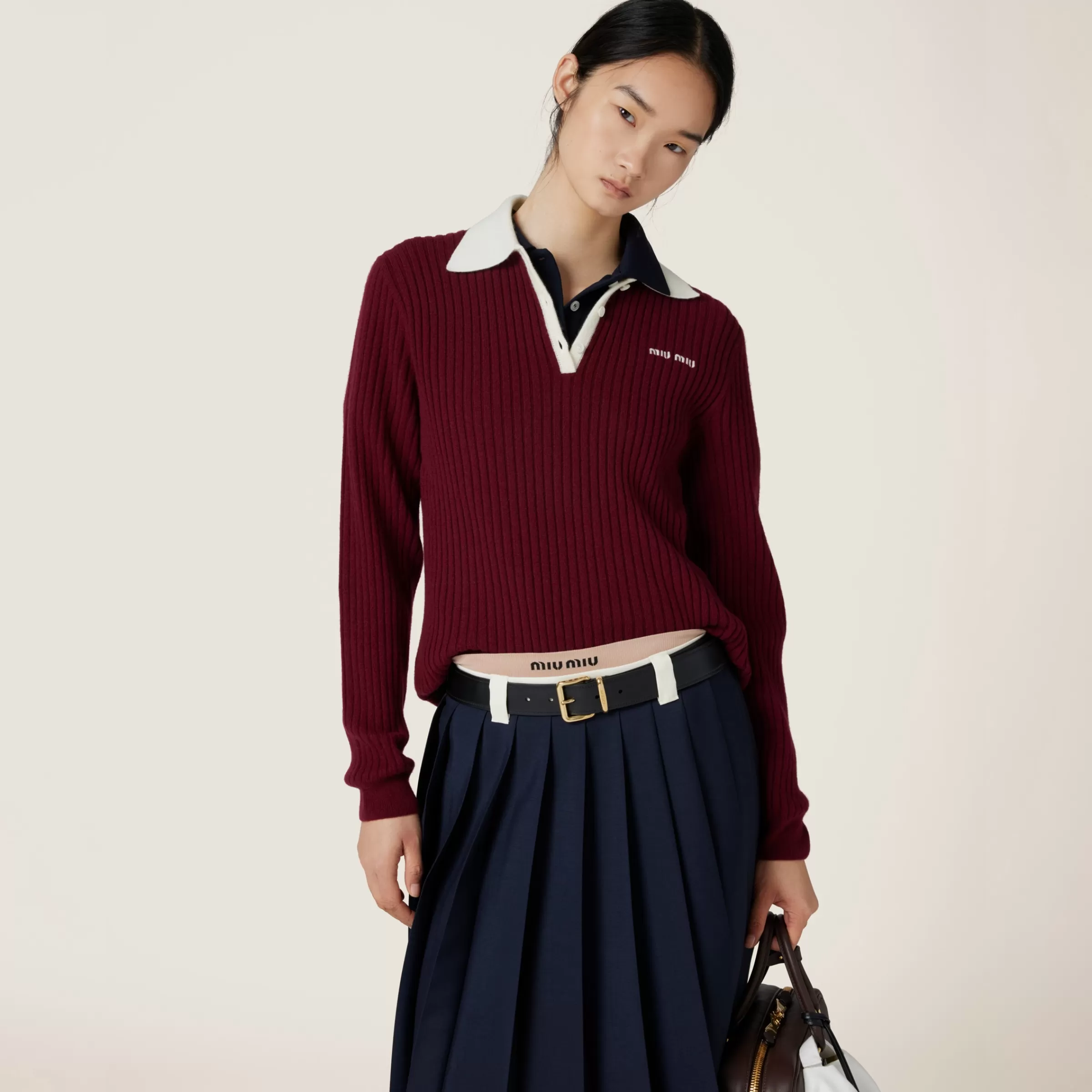 Ribbed cashmere polo shirt>Miu Miu New