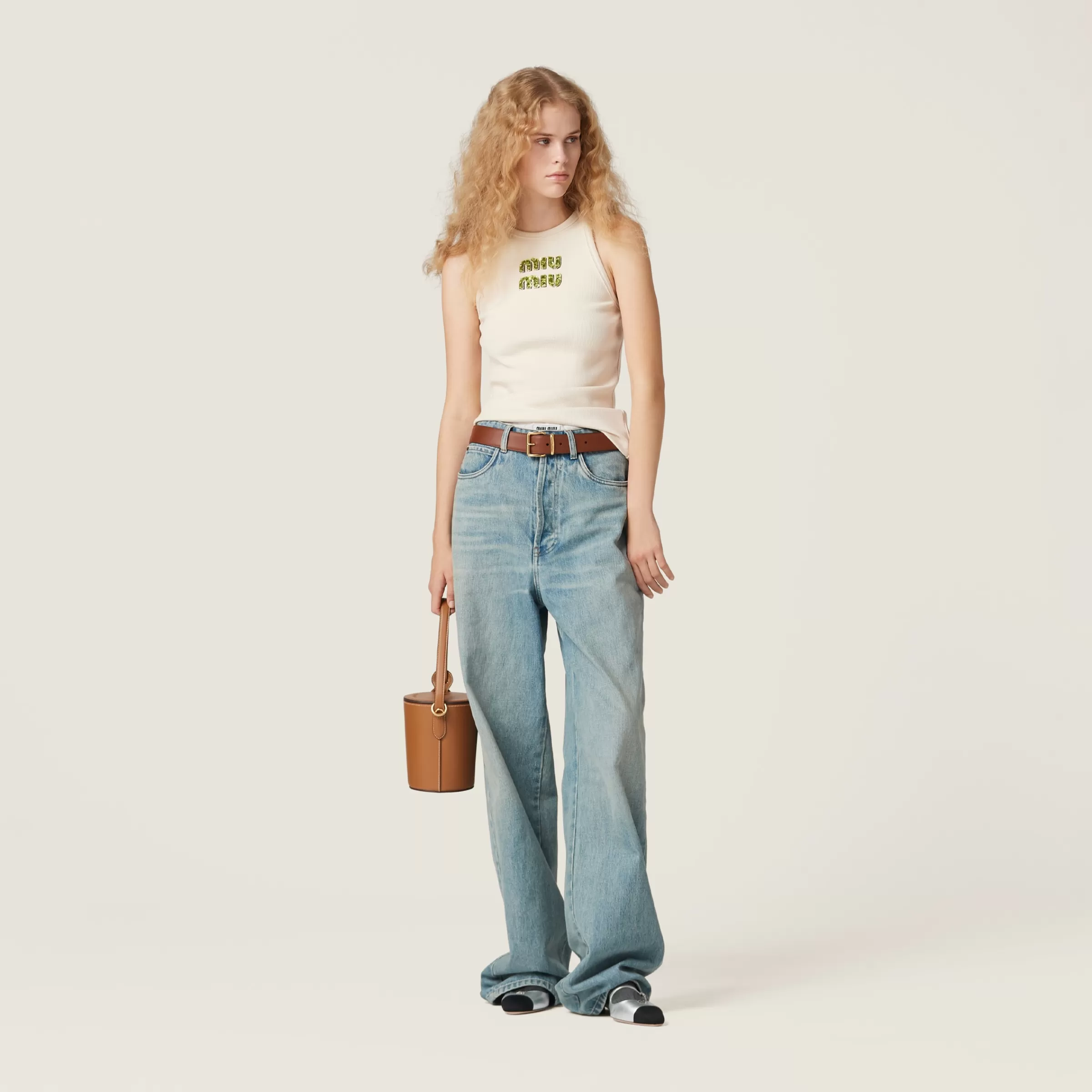 Ribbed jersey top with embroidered logo>Miu Miu Sale