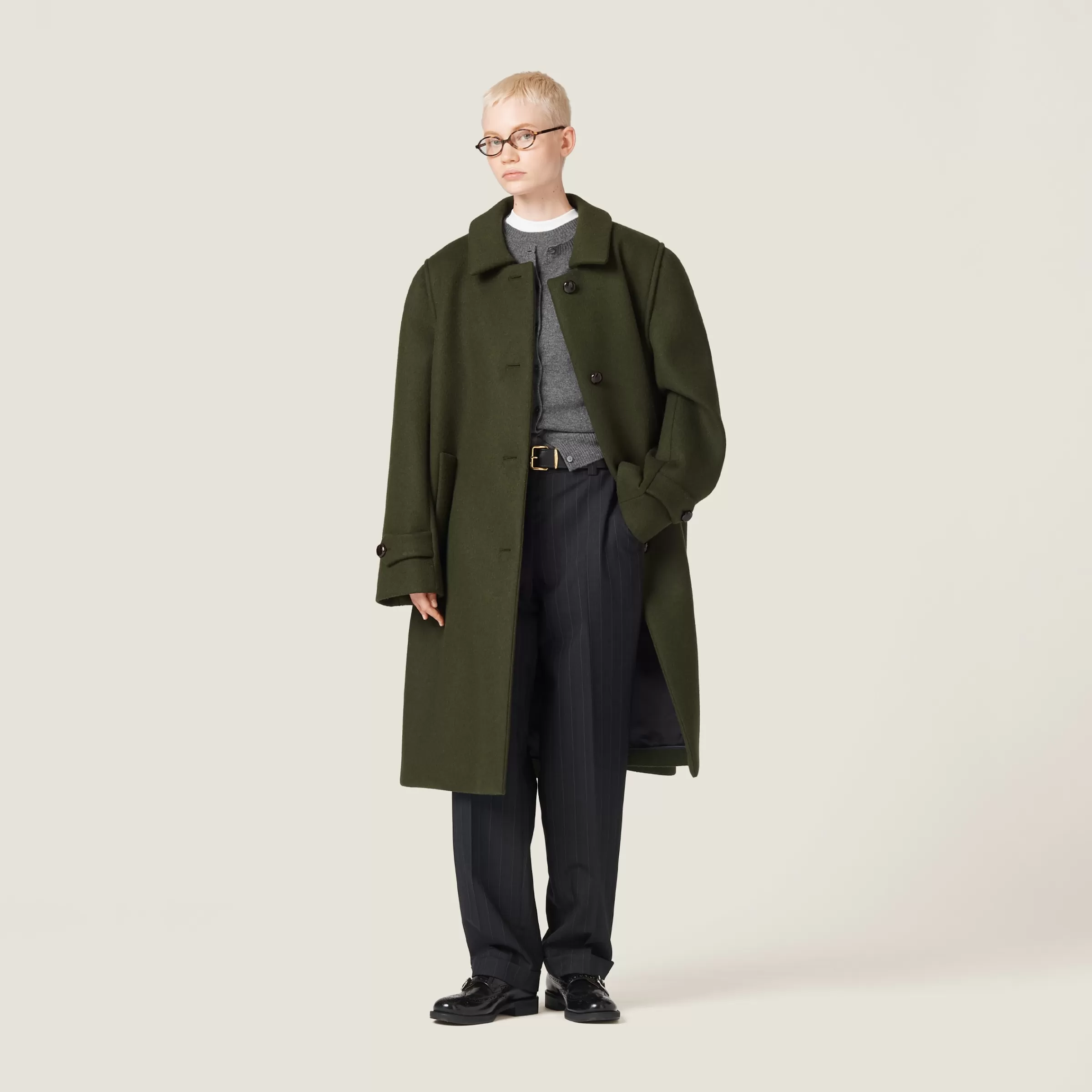 Single-breasted loden cloth coat>Miu Miu Store