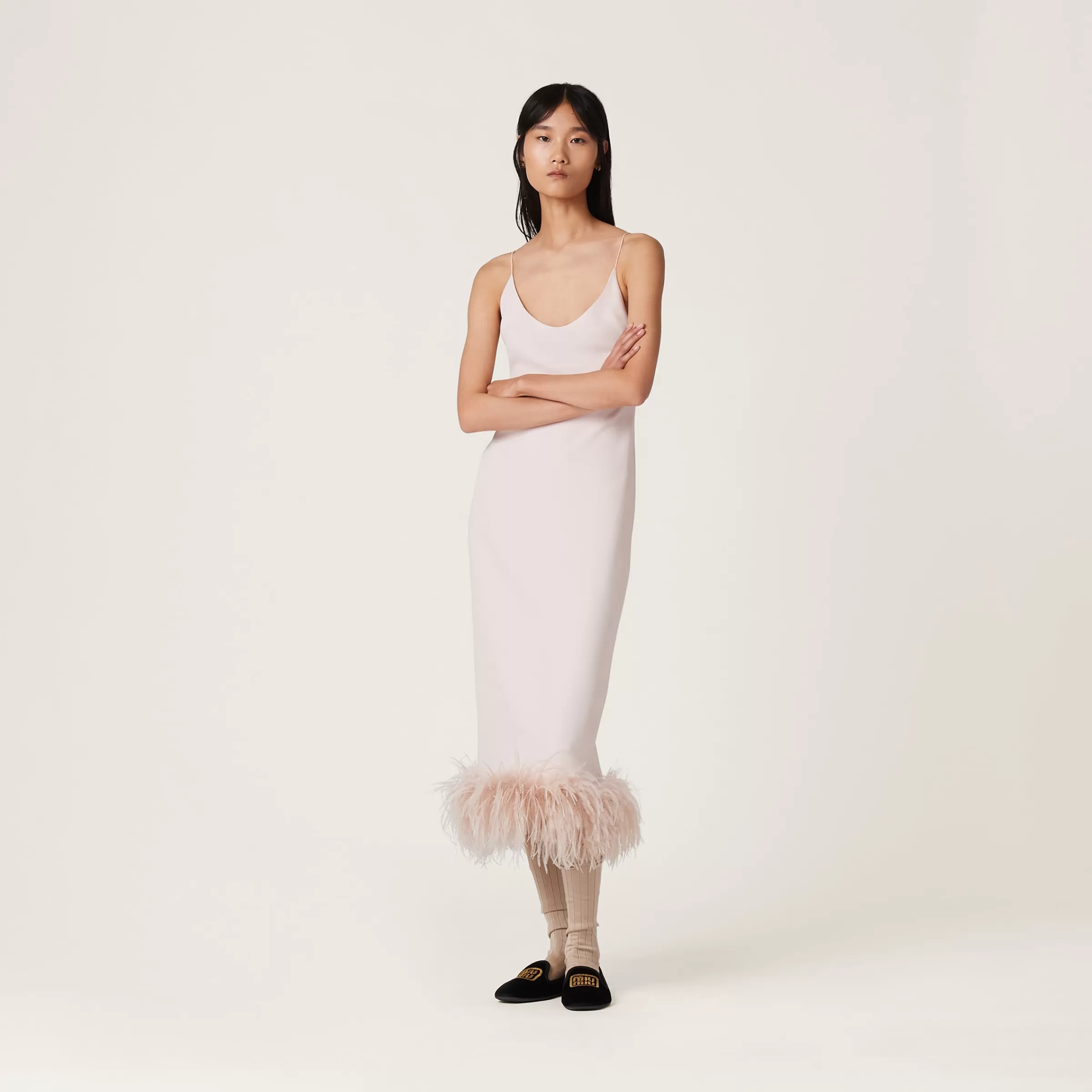 Stretch cady dress with feathers>Miu Miu New