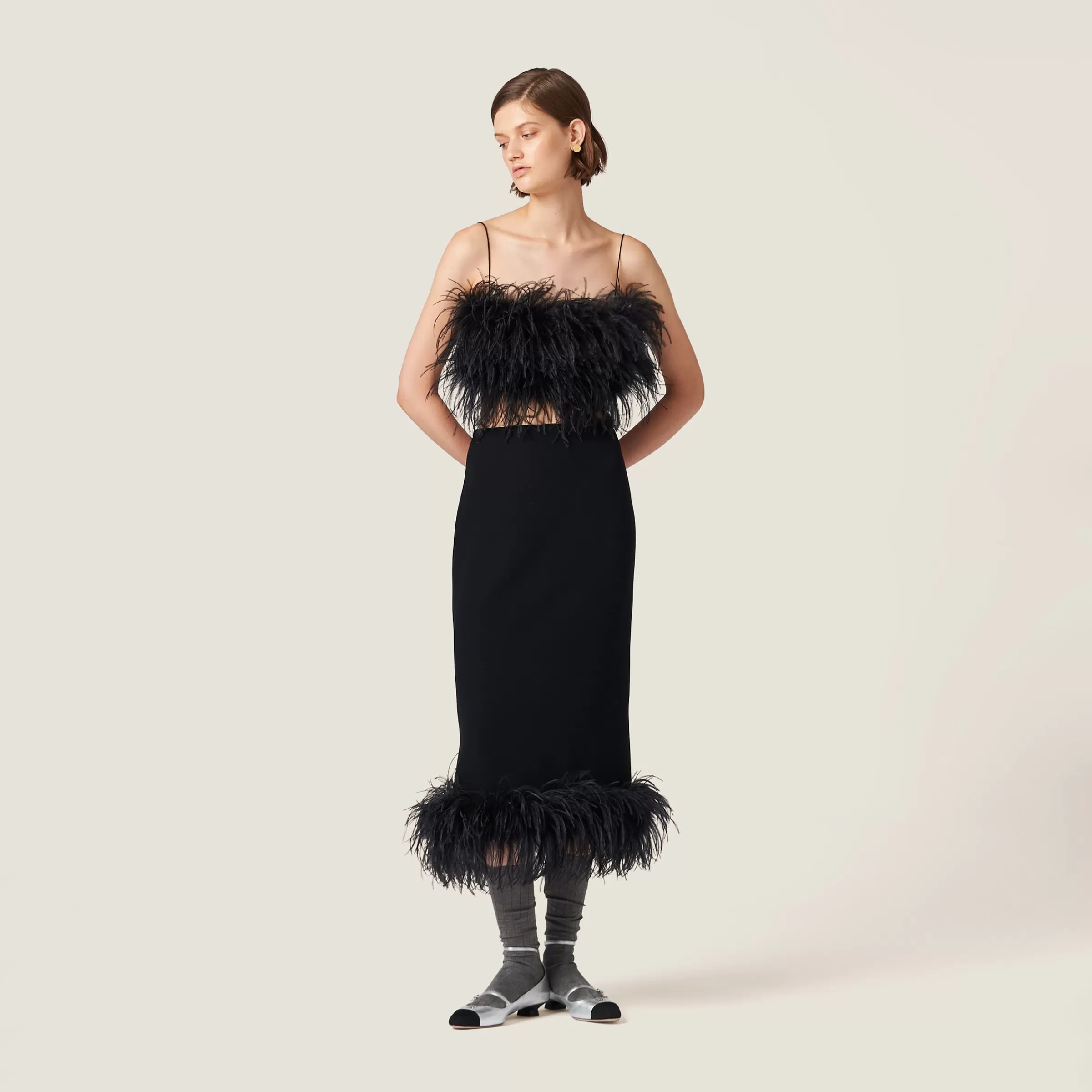 Stretch cady skirt with feathers>Miu Miu Fashion
