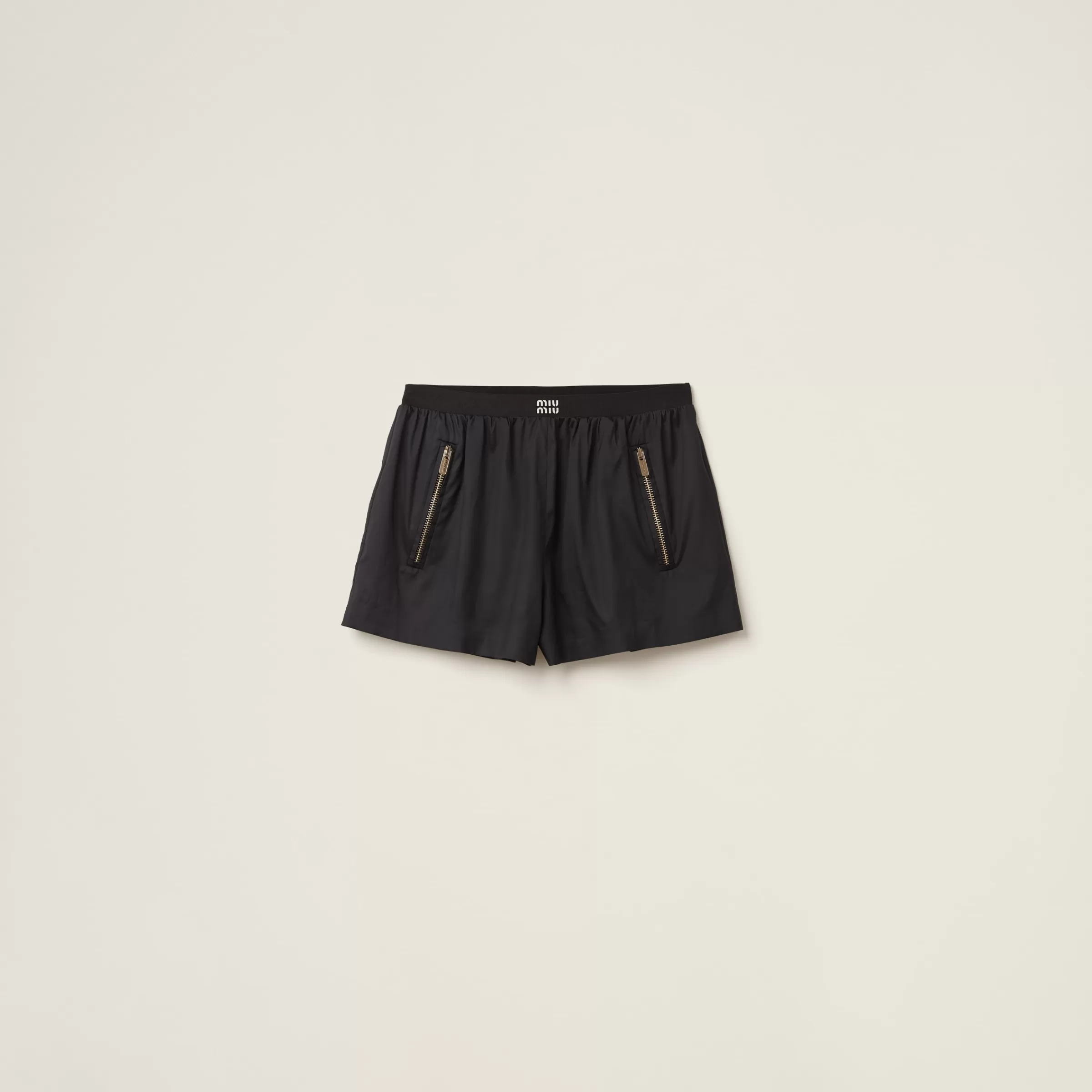 Technical silk shorts with printed logo>Miu Miu Cheap