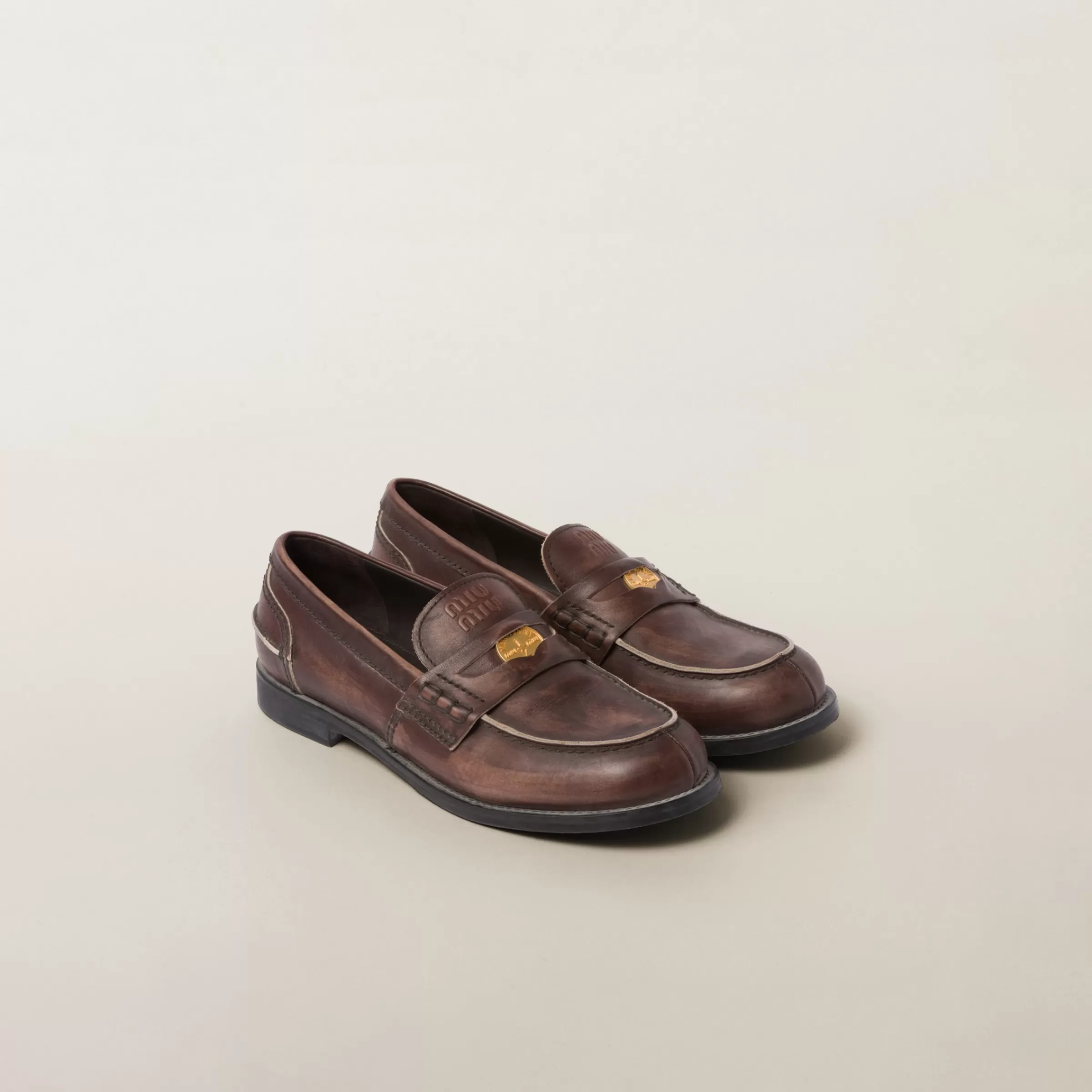 Vintage-effect leather penny loafers>Miu Miu Cheap