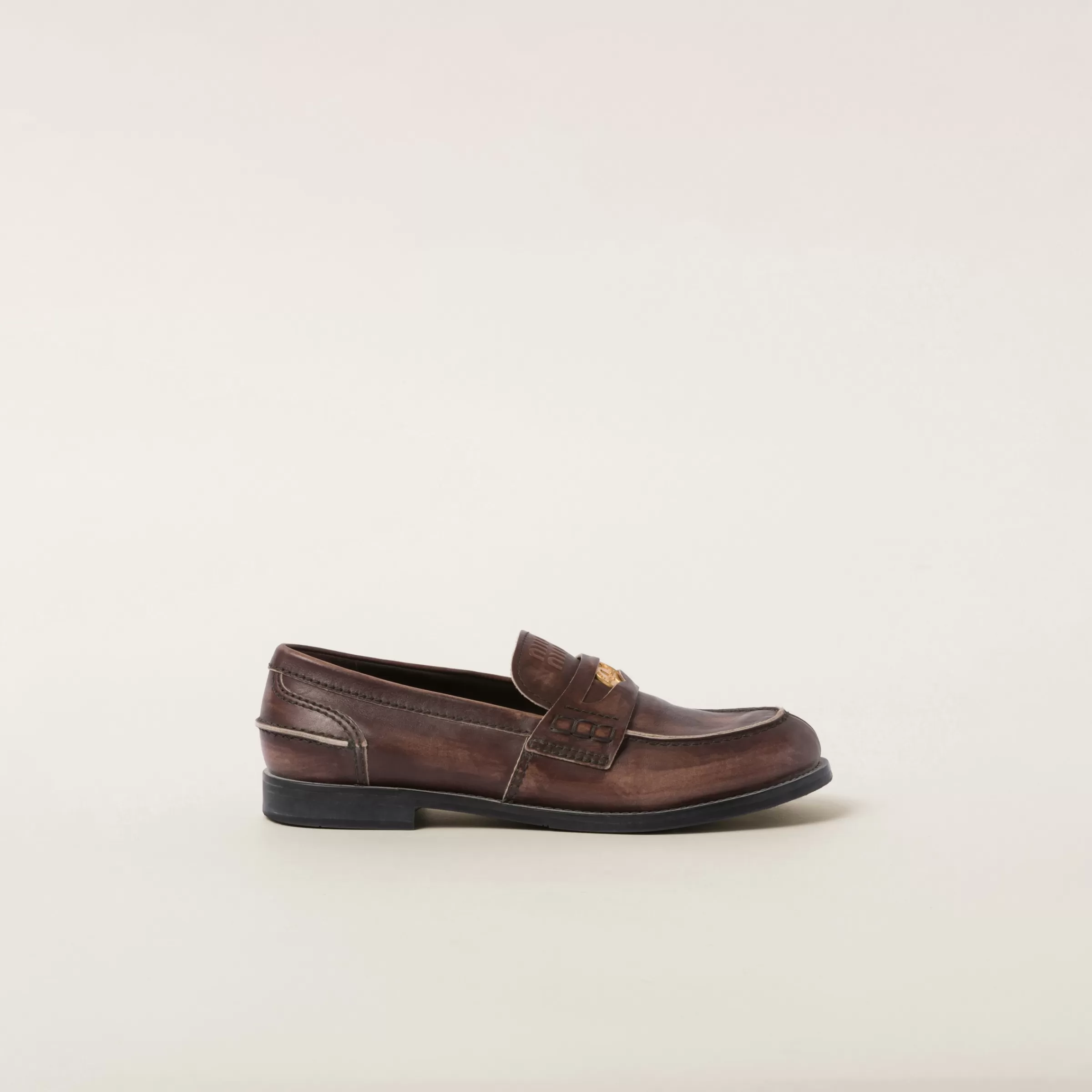 Vintage-effect leather penny loafers>Miu Miu Cheap