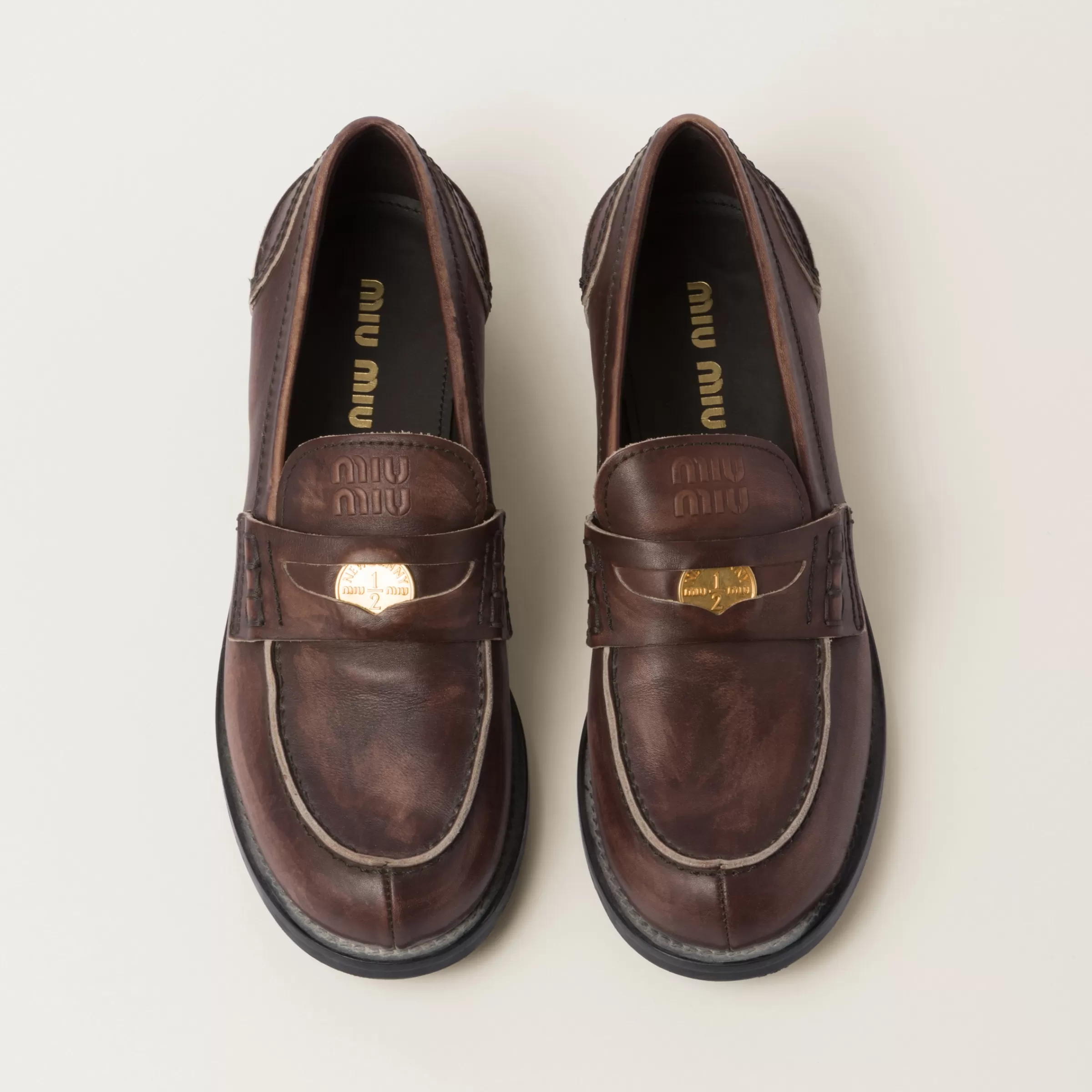 Vintage-effect leather penny loafers>Miu Miu Cheap