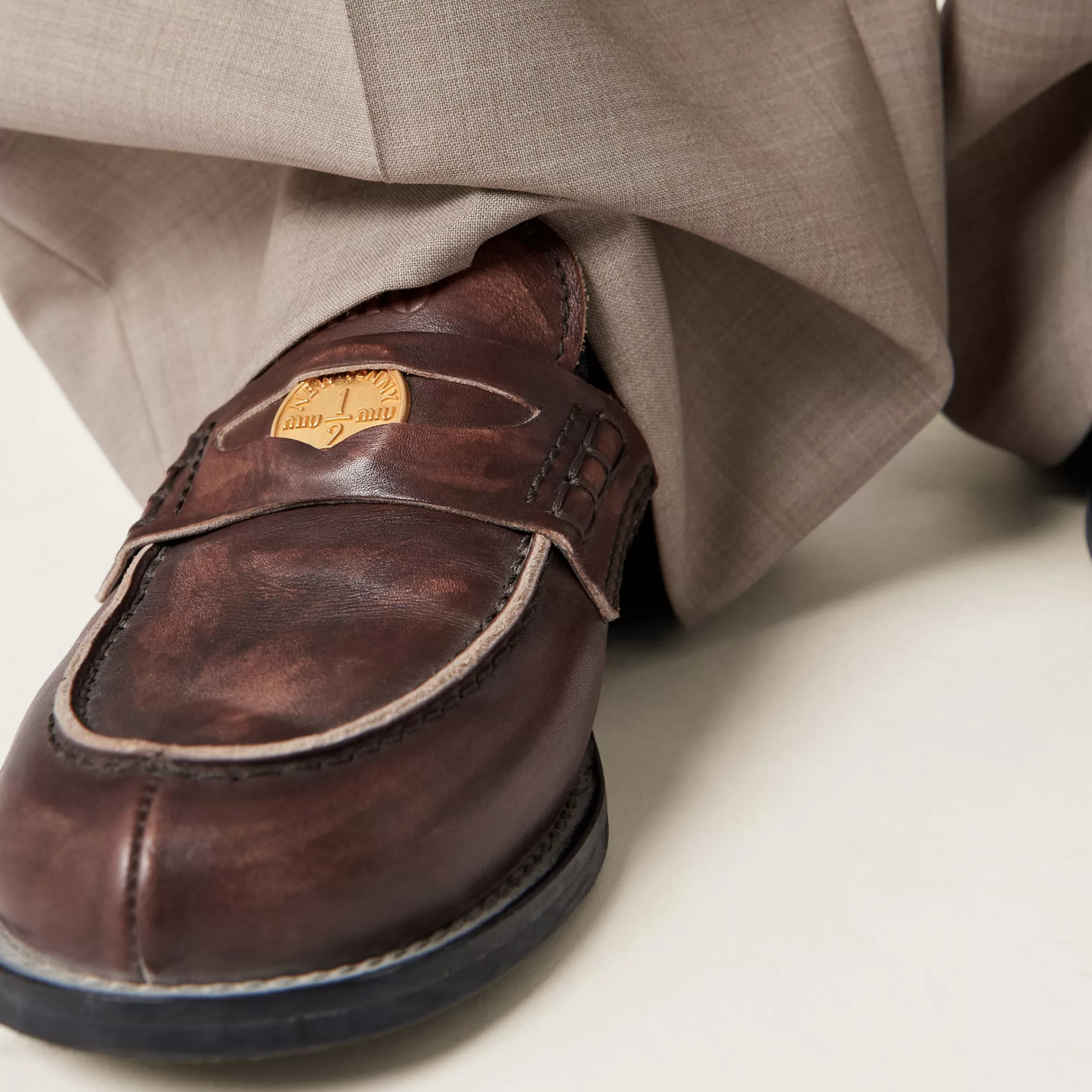 Vintage-effect leather penny loafers>Miu Miu Cheap