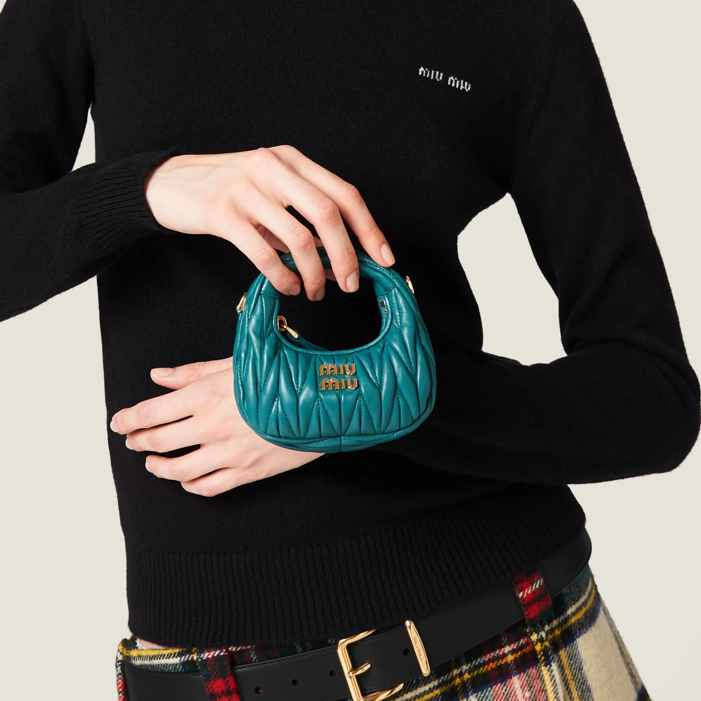 Wander matelassé nappa leather micro hobo bag>Miu Miu Cheap