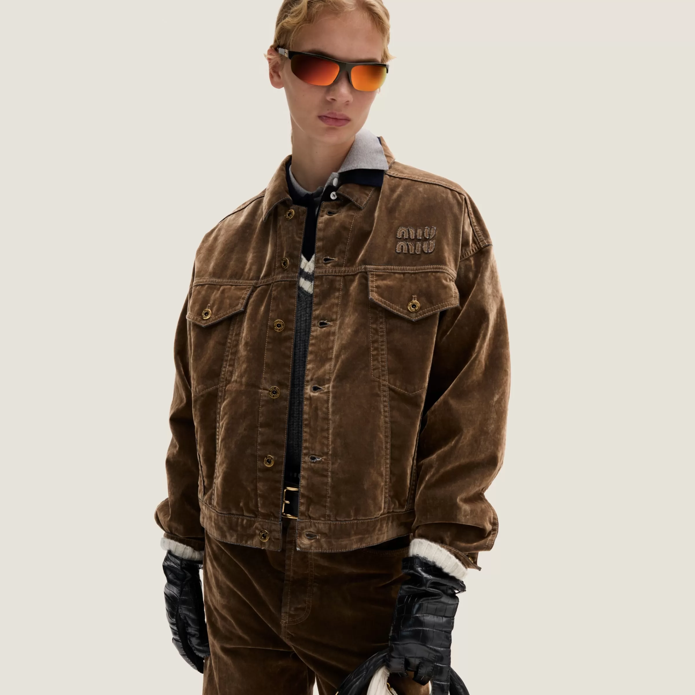 Washed flocked chambray blouson jacket>Miu Miu Outlet
